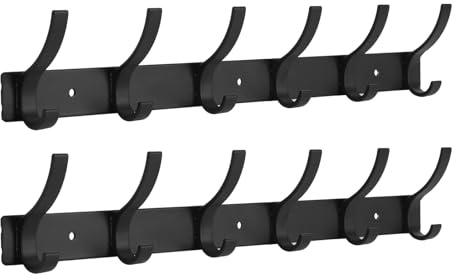 Optish 2 Stück Kleiderhaken Wand mit 12 Haken, Garderobenleiste Schwarz | Garderobenhaken, Hakenleiste für Eingang, Garage, Badezimmer für Jacken, Hüten, Handtuch, Tragfähigkeit 20KG, Inklusive Video