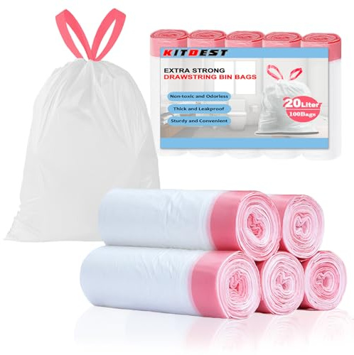 KITBEST 100 Pcs Müllbeutel 20L mit Zugband, Reißfest Müllsäcke, Vorgetrennt | Extra Starke, mit Tragegriff/ Henkel, Pedal Mülltüten, Weiß Abfallsack für den Haushalt, Küche Badezimmer Büro, 50x60cm