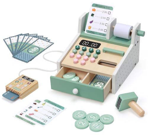 OSLINE Geschenk für 2 3 4 5 Jährige Mädchen Junge,Montessori Holz Spielzeug Kasse Kinderab 2-5 Jahr, inkl.Spielgeld Kartenlesegerät Kaufladen Zubehör,Geschenk Kind Geburtstag