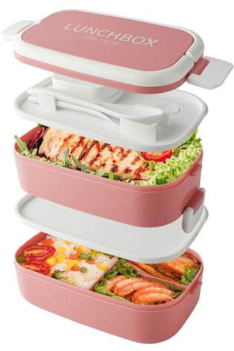 Beeptrum Bento Lunch Box stapelbar, 1400ml Behälter mit 4 Fächern und Besteck, auslaufsichere 2-Schicht-Boxen, für Erwachsene Kinder Büro, Mikrowelle spülmaschinenfest (Rosa)