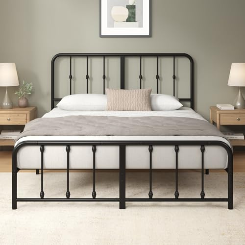 Zinus Florence Bettgestell 140x200 cm mit Vintage Kopfteil - Metallbett 140x200 mit Metall-Lattenrost - 35 cm Hohe Plattform mit Freiraum Darunter - Kein Boxspringbett Erforderlich - Schwarz