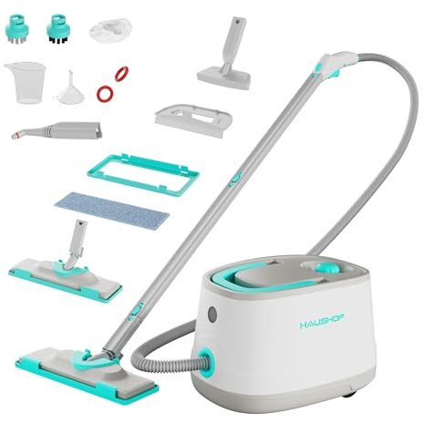 HAUSHOF Dampfreiniger 2000 W, mit 1,5 L Tank, max. 4 ,0 bar Dampfdruck, Aufheizzeit 8 Min, Dampfzeit bis zu 30 Min, inkl. 16 Zubehör & 3 m Netzkabel, für Boden, Teppich, Fenster & Küche, Weiß-Grün