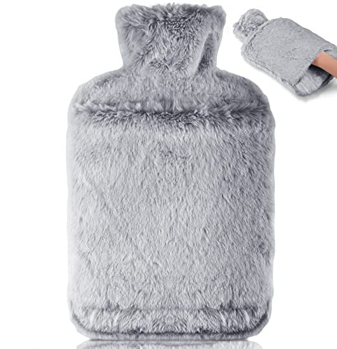 BOLEi Wärmflasche mit Weichem Bezug –Auslaufsicher 2L Groß Wärmflaschen mit Känguru-Tasche, Bettflasche Flauschig,Geschenke für Männer Frauen (Grau)