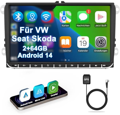 VW Autoradio mit Bildschirm 2+64GB für Golf 5 6 Polo T5 Passat Touran Seat Skoda, 2Din Bluetooth Auto Radio mit Navi DAB WLAN FM/AM, Apple Carplay, Android Auto, Lenkrad Strg,Android 14 (9 Zoll)