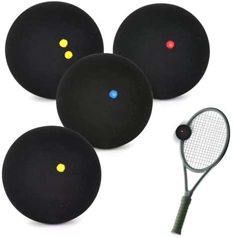 Homirty Squash Bälle 4er-Set Sport Squash Ball, Doppelgelb Punkte, einzelne gelbe Punkte, einzelne rote Punkte, einzelne Blaue Punkte, High Bounce Squash Ball für Anfänger, Wettbewerb und Training