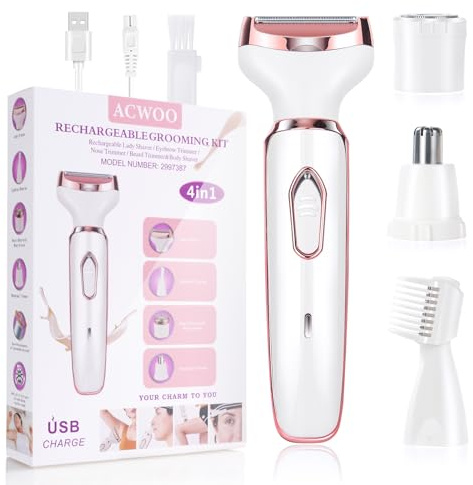 ACWOO Elektrischer Rasierer für Frauen, 4-In-1 Elektrischer Damenrasierer, Schmerzfreier Intimrasierer für Frauen, Haartrimmer für Gesicht Nase Achseln Intimbereich Bikinizone, USB-Aufladung