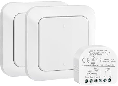 SURAIELEC Funk Lichtschalter Set, 2 Funk Wandschalter + 1 Empfänger, 230V 10A Funkschalter Licht 433MHz, 30 m Reichweite, Kabellose Steuerung für Lampen & Geräte, CE & RoHS Zertifiziert, Weiß