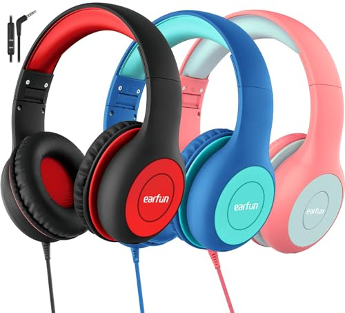 EarFun Kinder Kopfhörer, 3er-Pack, Kopfhörer Kinder mit Kabel, 85/94dB Lautstärkenbegrenzer, faltbar, verstellbar, Mic, Audio-Sharing, Over-Ear Kinderkopfhörer für Schule/Tablet/Reisen, Blau-Grün