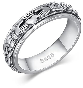 Claddagh Fidget Spinner Ringe 925 Sterling Silber Keltischer Knoten Angst Ring Ewigkeit Liebe Irischer Claddagh Schmuck Geburtstags Geschenke für Damen Frauen Mädchen Männer Mutter Ehefrau (Größe 7)