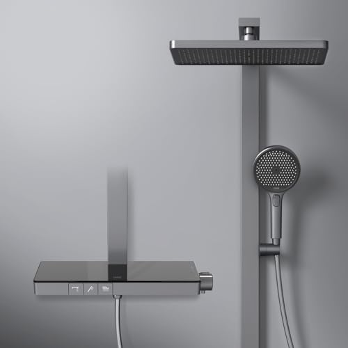 EMKE Duschsystem mit Thermostat Duschset Duschsäuleset mit 40cm Thermostatische Platte, Brausestange, Handbrause mit 4 Strahlstärken,Regendusche mit Armatur, Anthrazit Matt