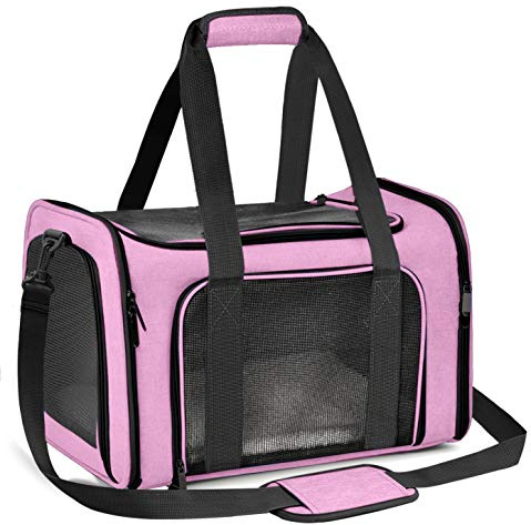 Qlfyuu Transporttasche für Katze Hund, Faltbare Tragbar Katzentransportbox Hundetransportbox für Mittel Kleine Haustiere Katzen Hunde, Katze Tragebox Tragetasche bis 15lbs(Rosa, Medium)