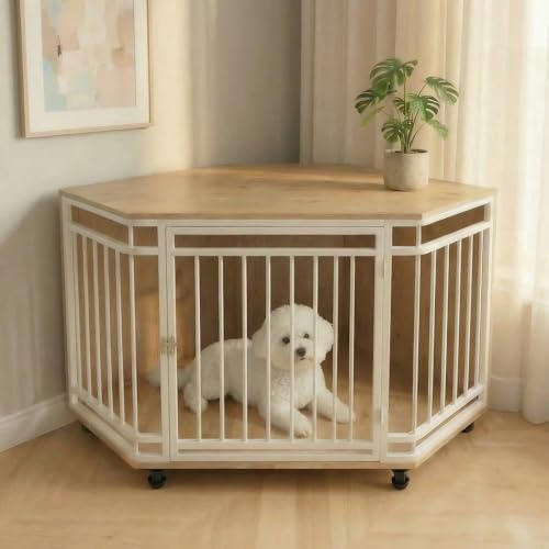 VOWNER Ecke Hundekäfig, Holz Hundebox mit abschließbarer Tür, Möbelstil Haustierbox für Zuhause, Leicht zu reinigen und platzsparende für kleine/mittlere Hunde, 110 X 66 X 60 cm, Weiß