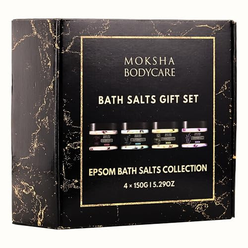 MOKSHA Epsom Badesalz Geschenkset – 5 tlg. mit Ätherischen Ölen (Lavendel, Rose) Wellness Sets, Fuß Spa Geschenkset, Badesalz für Muskelentspannung, Geburtstagsgeschenke, Weihnachtsgeschenke