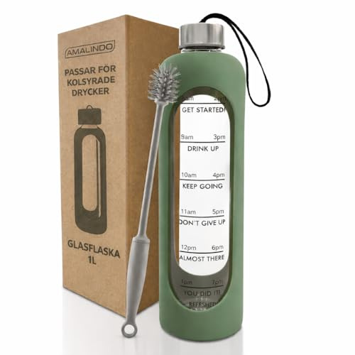 Amalindo Trinkflasche Glas 1 L aus Borosilikatglas, Olivgrün | Kohlensäuregeeignet, bruchsicher, BPA-frei und spülmaschinenfest, mit Silikonhülle und Reinigungsbürste