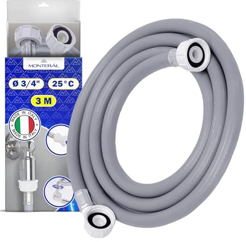 Zulaufschlauch Waschmaschine und Geschirrspüler 3 m Wasserschlauch Druck von 20 bis 60 Bar für Temperaturen bis 25°C Verbindung ist Gerade und Gewinkelt Ø 3/4 zoll - MADE IN ITALY - MONTERAL