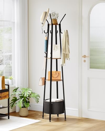Hzuaneri Garderobenständer, Kleiderständer mit Großer Aufbewahrungskorb, Garderobe mit 3 Ablagen, 16 Haken, für Eingangsbereich, Schlafzimmer, 182,5 cm Hoch, Braun und Schwarz CR27301B