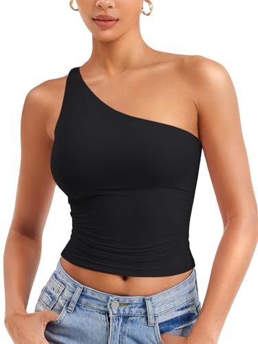 ZAAYO Damen One Shoulder Tank Tops Schulterfrei Oberteil | Y2K,Slim Fit,Crop Top,Sexy,Sommer,Tops,Double Lined,Sleeveless,Cropped,Tee Shirt