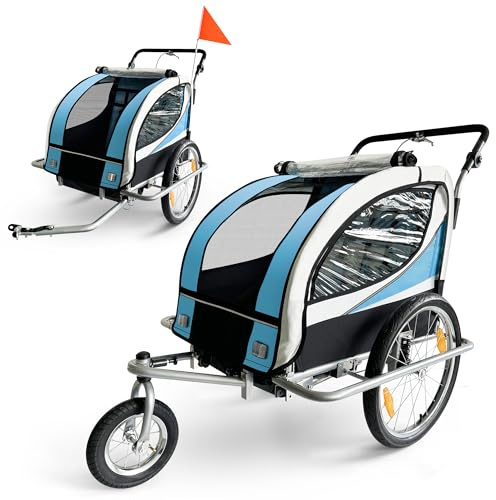 SAMAX Fahrradanhänger Jogger 2in1 360° drehbar Kinderanhänger Kinderfahrradanhänger Transportwagen vollgefederte Hinterachse für 2 Kinder in Blau - Silver Frame