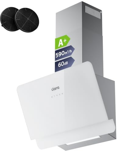 CIARRA CBCS6765C A+ Kopffrei Dunstabzugshaube 60 cm Umluft Abluft 590 m³/h | Wandhaube für Wohnung Küchen Edelstahl Glas Weiß | SensorTouch-Bedienung 3 Leistungsstufen mit CBCF055 Aktivkohlefilter