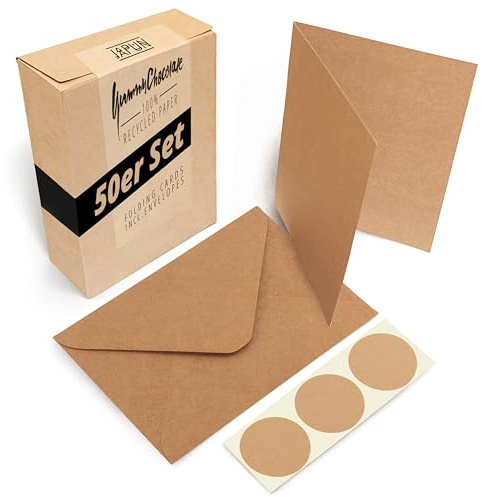 Japun - 50er Set blanko Falt-Karten inkl. Briefumschläge, Klapp-Karten zum gestalten, beschriften oder bedrucken - DIN A6 / C6 - braun