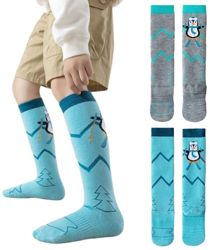Vihir 2 Paar Kinder Skisocken mit Schafswolle robust und langlebig feuchtigkeitsregulierend atmungsaktiv hautfreundlich Pinguin 30-35