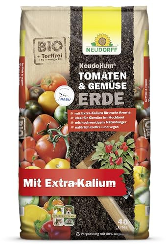 Neudorff NeudoHum TomatenErde und GemüseErde 40L - Torffreie Erde für Tomaten mit Extra-Kalium auch für Zucchini, Paprika, Kürbis, Chilis und Gurken - für 4 Wochen vorgedüngt