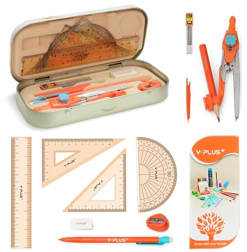 YPLUS Geometrie-Set für Schüler, Zirkel Winkelmesser 12 Teile Metallbox | Komplett mit Formelkarte, Metallbox tragbar, Schule Büro Geschenk ab 6
