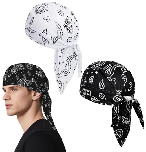 Fsahiuf 2pcs Sport Bandana Cap Hat Anti-UV Schutz Kopfbedeckung Mütze Damen Herren Kopftuch Piratenmütze Bikertuch Stirnband für Outdoor-Aktivitäten (Schwarz, Weiß)