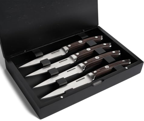 BURNHARD® Steakmesser-Set mit Pakka-Holzgriff 4-tlg. inkl. Akazienholzbox | Deutscher Klingenstahl, ergonomische Form