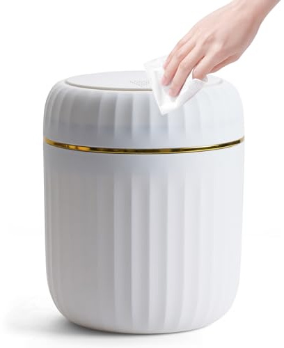 Bailtouk Tischmülleimer mit Deckel, 2L Mini Mülleimer mit Aufpoppen | Plastik Tischabfalleimer Klein Kosmetikeimer für Schreibtisch, Küche, Büro, Schlafzimmer (13×13×16cm, Weiß)