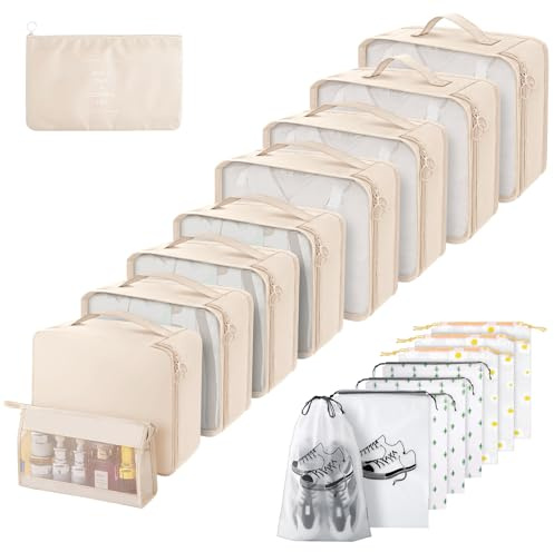 Gemtte Koffer Organizer Set 18-teilig, Wasserdicht Packing Cubes, Multifunktionale Travel Packwürfel, Kofferorganizer Packtaschen für Koffer, Reise Organizer Set Mit Kleidertaschen (Beige)