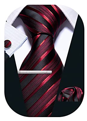 Barry.Wang Herren Seiden-Geschäftskrawatten mit Taschentuch Manschettenknopf-Streifen Plaid-Krawatten-Set Feierliche Hochzeit