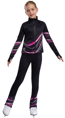 Fldy Mädchen Eiskunstlauf Anzug Warme Thermo Jacke Warm Eiskunstlauf Leggings Kinder Eislaufen Trainingsoutfit Sportanzug Tanzkleidung Hotpink 122-128