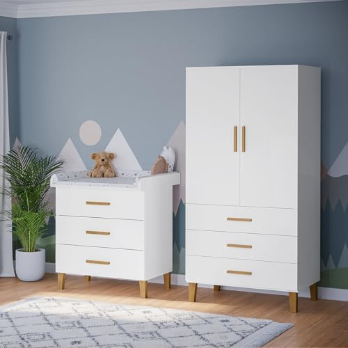 Bellabino Liri Babyzimmer Set 2-teilig, Weiß/Natur, Schrank & Wickelkommode | Babyzimmer Set mit Kinderkleiderschrank & Wickeltisch, Wickelkommode mit abnehmbarem Wickelaufsatz, Möbel für Kinderzimmer