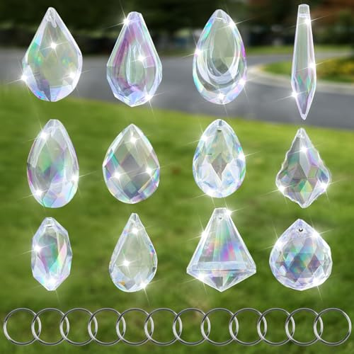 12 Stück Sonnenfänger Kristall,Kristalle zum Aufhängen mit 12 Metallring | Suncatcher Lichtfänger, Prisma Kristall Anhänger, für Kronleuchter, Fenster, Garten, Zuhause