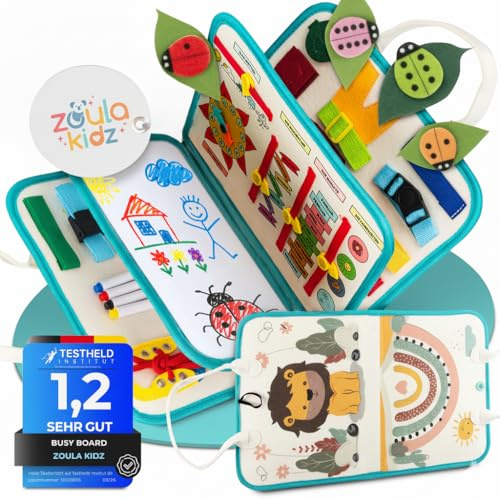 zoula kidz® Montessori Busy Board deutsch - Activity Board & Quiet Book mit 6 Seiten - sicheres & schadstofffreies Busy Book - ideales Kleinkind Spielzeug & Motorikspielzeug aus weichem Filz (Löwe)