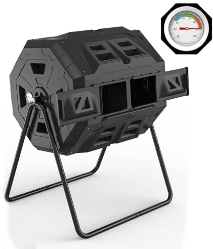 2024 verbesserter Tumbling Komposter mit Kompostthermometer – Doppelkammer-Garten-Kompostbehälter (160 l, schwarz)