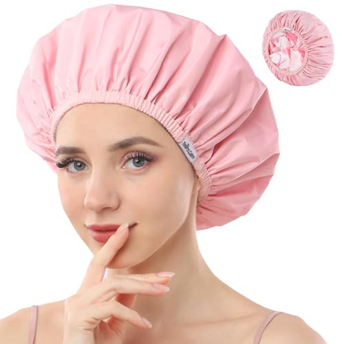Years Calm Duschhauben für Frauen, wiederverwendbar, wasserdicht, Muster und einfarbig, zweilagiges Design für, schützt das Haar in der Dusche, Spa, Kochen, Reinigen und Reisen（Rosa）