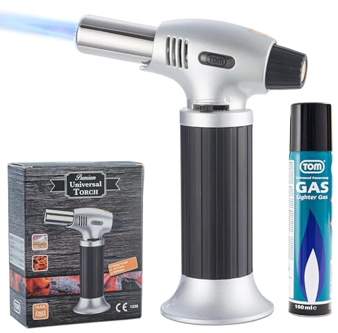 TOM Creme Brulee Brenner mit Gas – 1300°C Küchenbrenner | Bunsenbrenner mit 100 ml Gaskartusche zum Nachfüllen – Flambierbrenner für Küche, Camping und Werkstatt