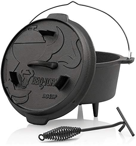 BBQ-Toro Dutch Oven Premium Serie | 4,2 Liter (DO45P), Topf mit Füße | bereits eingebrannt - preseasoned | Verschiedene Größen | Gusseisen Kochtopf | Bräter mit Deckelheber