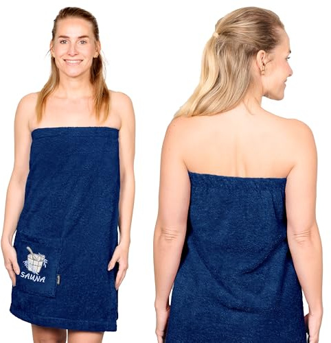 Lashuma Saunakilt Dame Blau - Marine Übergröße L - XXL, weiches Saunatuch Dame mit Klettverschluss
