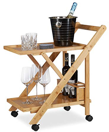 Relaxdays Küchenwagen Bambus, Servierwagen klappbar mit Flaschenhalter, Rollwagen Holz, 65 x 40.5 x 70 cm, natur
