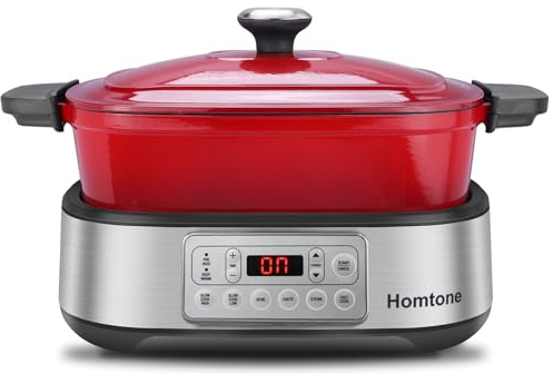Homtone Schongarer & Multikocher 6-in-1, 5,5L Slow Cooker Programmierbarer Abnehmbarer Emaille-Schmortopf, Keramik-Antihaftbeschichtung, Langsames Garen, Anbraten, Dämpfen mit Dampfgarrost, Rot