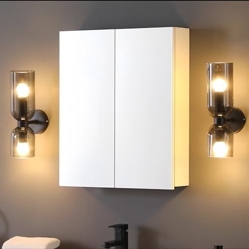 CLIPOP Badezimmer Spiegelschrank, Wandmontage Badezimmerschrank mit 2 Spiegeltüren und verstellbaren Regalböden, Holz Spiegelschrank für Wohnzimmer, Badezimmer