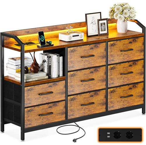 ODK Kommode mit Schubladen, Schubladenschrank mit LED-Lichtstreifen mit 10 Einstellbaren Farben und 2 USB- und 2 AC-Steckdosen, 8 Stoffschubladen, Wohnzimmer Schlafzimmer Kommode, 110*30*88cm Vintage