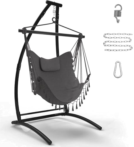 C Type Hängesessel mit Gestell, Schwarz Hängemattengestell und Grau Hängeschaukel, Stoffschaukel mit Bequemen Kissen, Hängesessel Outdoor, Hängemattenständer für Balkon, Terrasse, hält bis zu 150kg