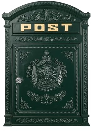 Moritz Briefkasten Englisch 44,5 cm – Wandbriefkasten Aluguss Grün Antik – Nostalgie Postkasten für Großbrief DIN A4 – Postbox abschließbar mit 2 Schlüsseln für Hauswand und Garten