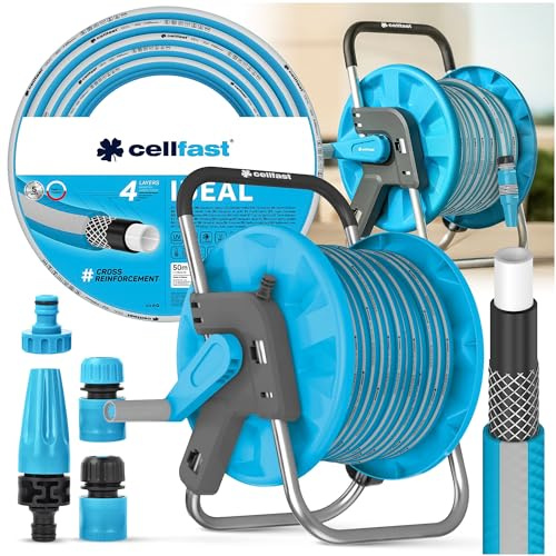 GARTENSCHLAUCH SCHLAUCHTROMMEL WASSERSCHLAUCH 1/2 50M MIT GARTENBRAUSE & KUPPLUNG ANSCHLUSS SET CELLFAST Trommel Schlauchaufroller 1/2 Zoll Schlauchwagen mit Schlauch Flexible Anti-Verdrehung