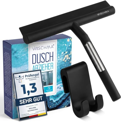 WISCHMA Duschabzieher aus Silikon, schwarz – Abzieher für Dusche mit Halterung ohne Bohren, Edelstahl-Kern, Glasabzieher streifenfrei für Glas, Spiegel und Fliesen