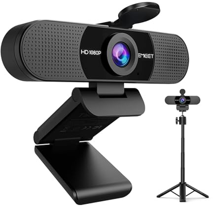 EMEET Full HD Webcam - C960 Kit 1080P Webcam mit Objektivabdeckung & Dual Mikrofon, 90 ° Streaming Kamera mit Automatische Lichtkorrektur, Plug & Play, Webcam mit Stativ für Linux, Win10, Mac OS